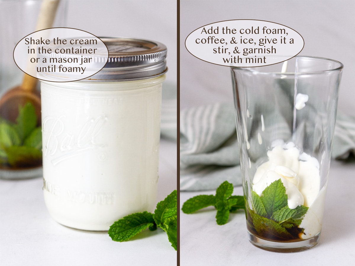 cold foam cream in a mason jar on left and in a glass with mint and brown sugar on right.