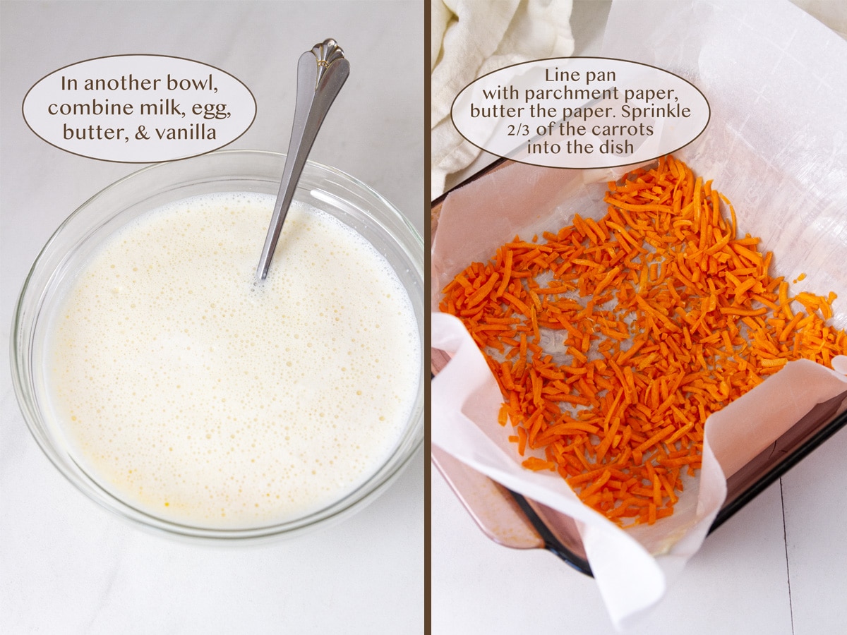 milk mixture in a bowl on left and baking pan lined with parchment paper and added carrots on right.