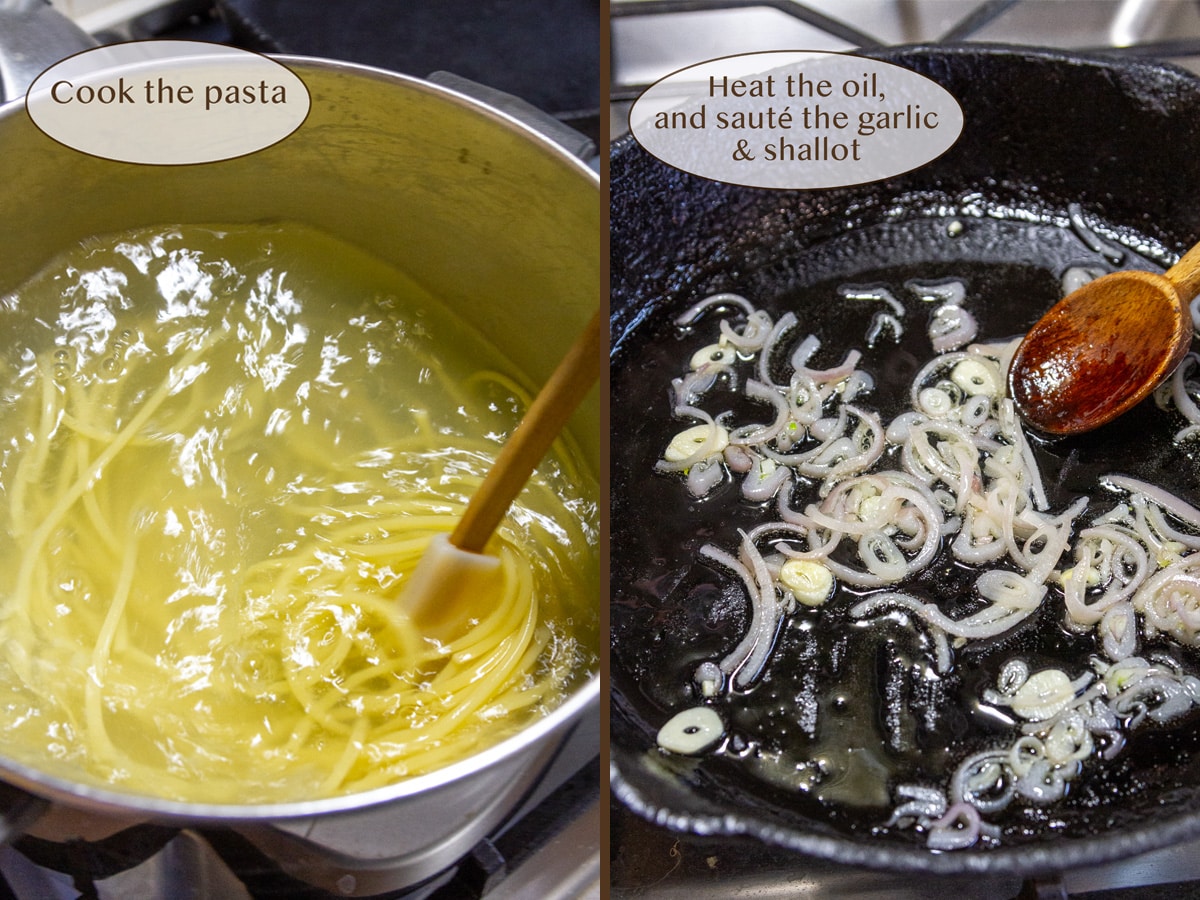 pasta cooking in a big pot on left and sauteing shallots and garlic in a cast iron skillet on right.