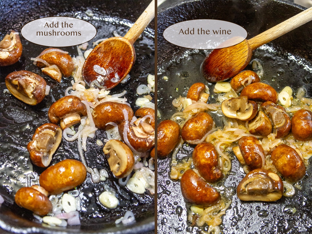 added mushrooms to the skillet on left and with wine on right.