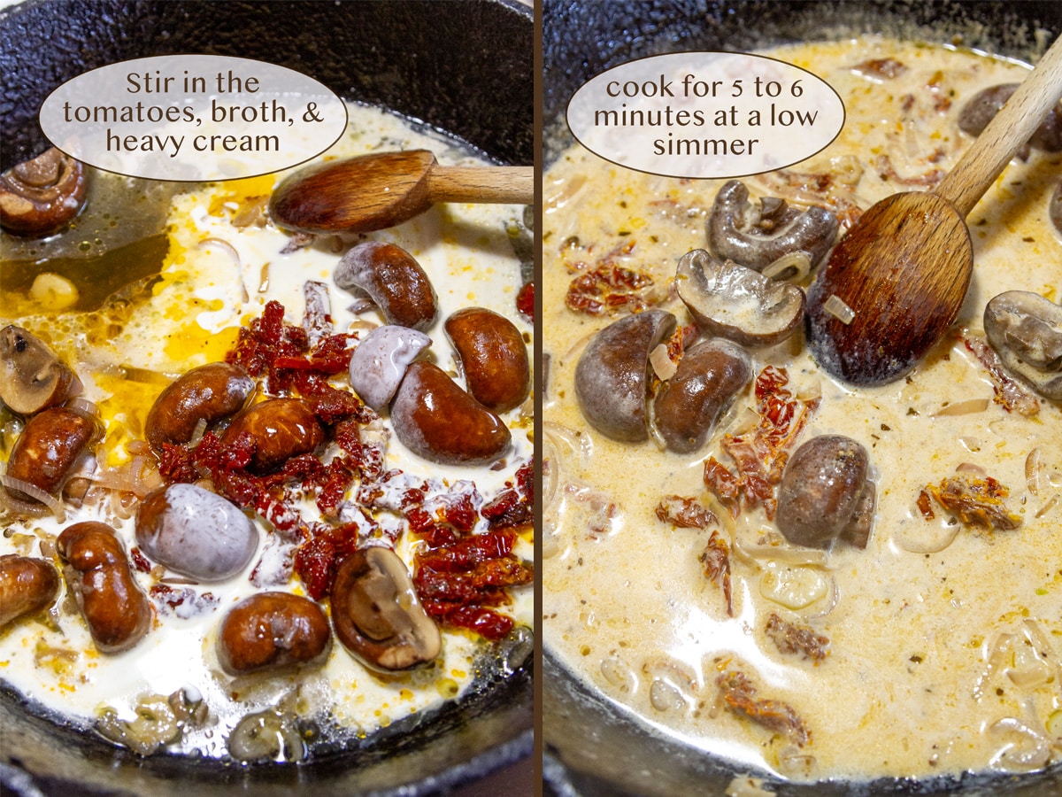 added sun dried tomatoes, broth, and cream to the skillet and cooking the sauce.
