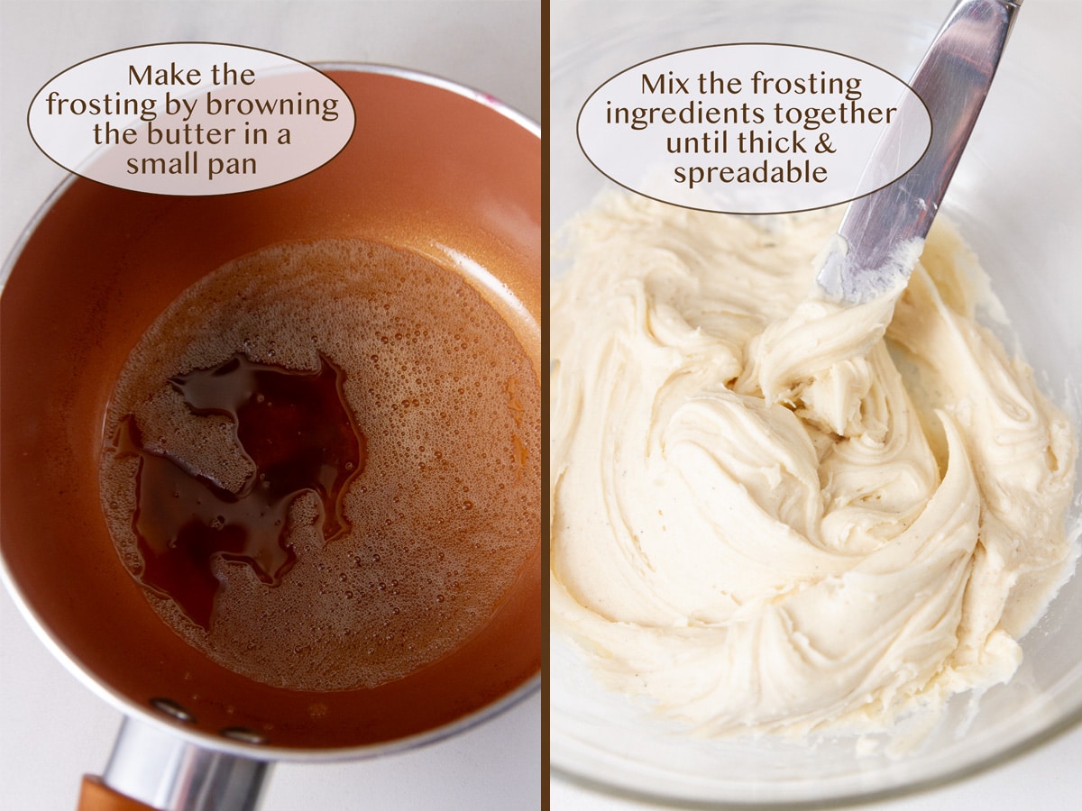 browning butter on left and making frosting on right.