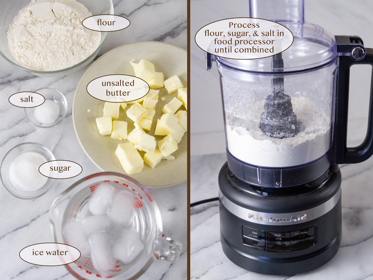 crust ingredients on left and a food processor with flour, sugar, and salt in it on the right.