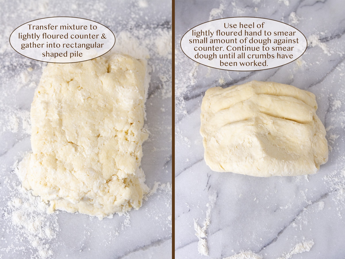 loose dough on a counter on left, and pressing the dough together on right.