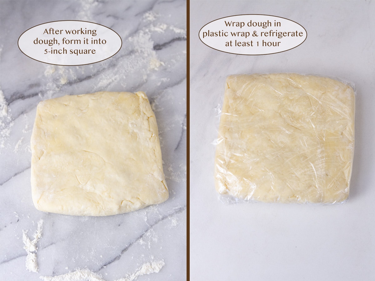 dough formed into a square on right and with plastic wrap on left.