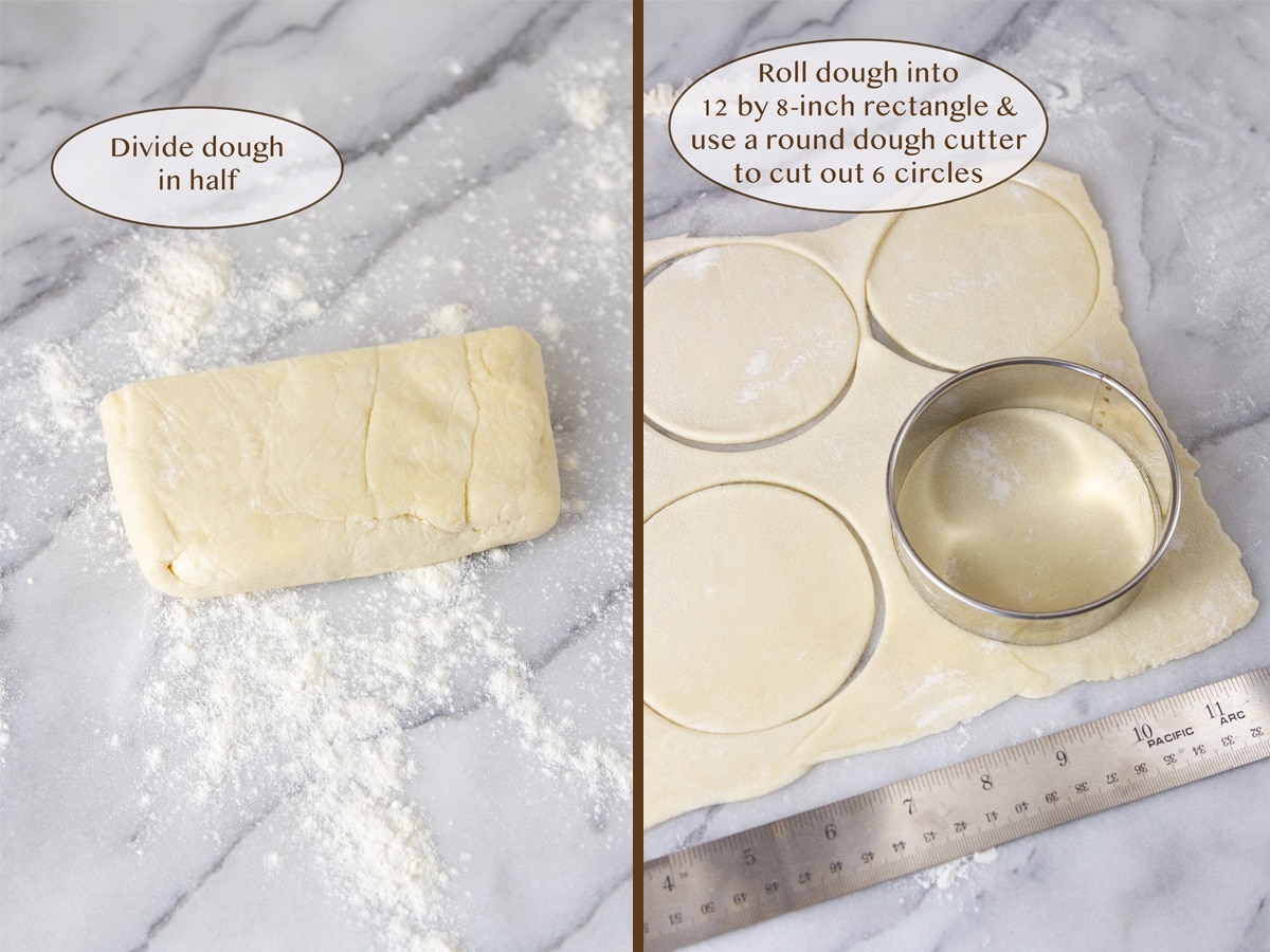 half of dough on left and rolled out and cutting circles on right.