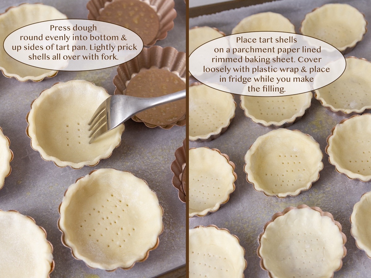 crust in tart pans being pierced by a fork on left and all on a baking sheet on right.