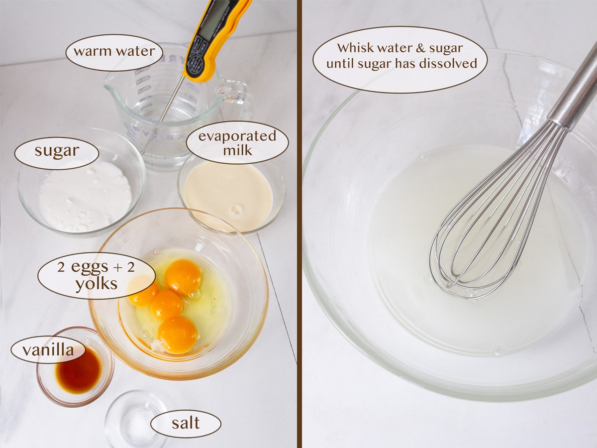 ingredients for custard on left and water mixed with sugar in a bowl with a whisk on right.