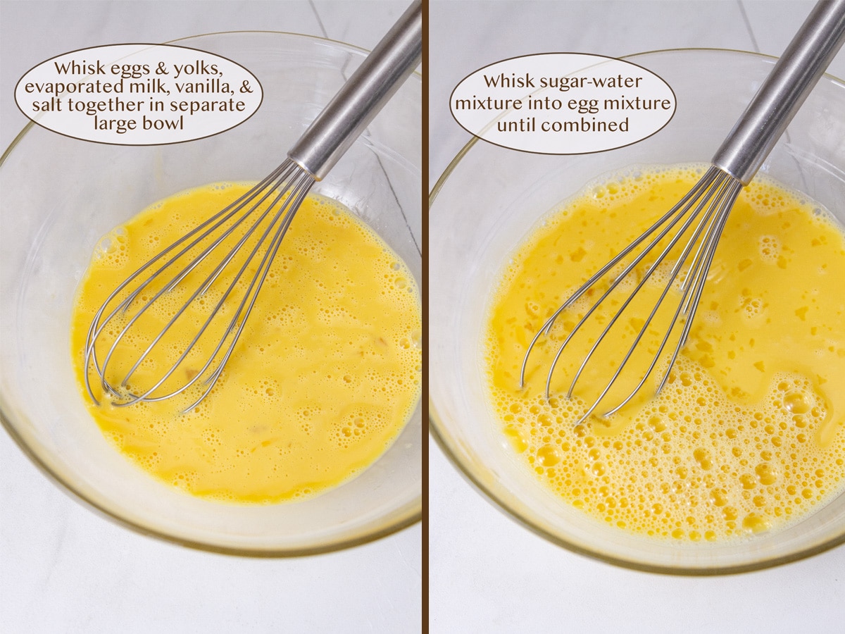 eggs custard mixture in a bowl with a whisk on left and added sugar water on right.