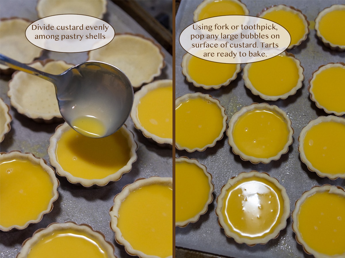 filling custard into pastry shells on left and all filled and ready to go in the oven on right.