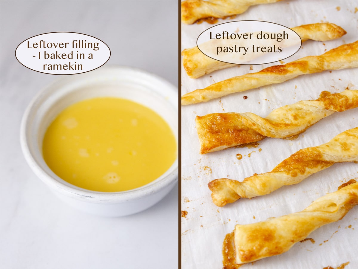 custard filling in a ramekin to bake separately on left and pie crust cut into sticks and baked on right.