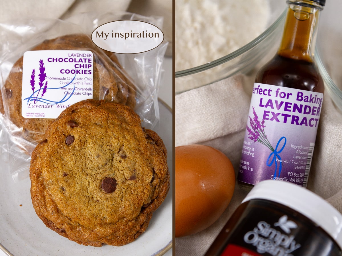 fresh cookies from Lavender Wind Farm on left and a close up of the lavender extract on right.