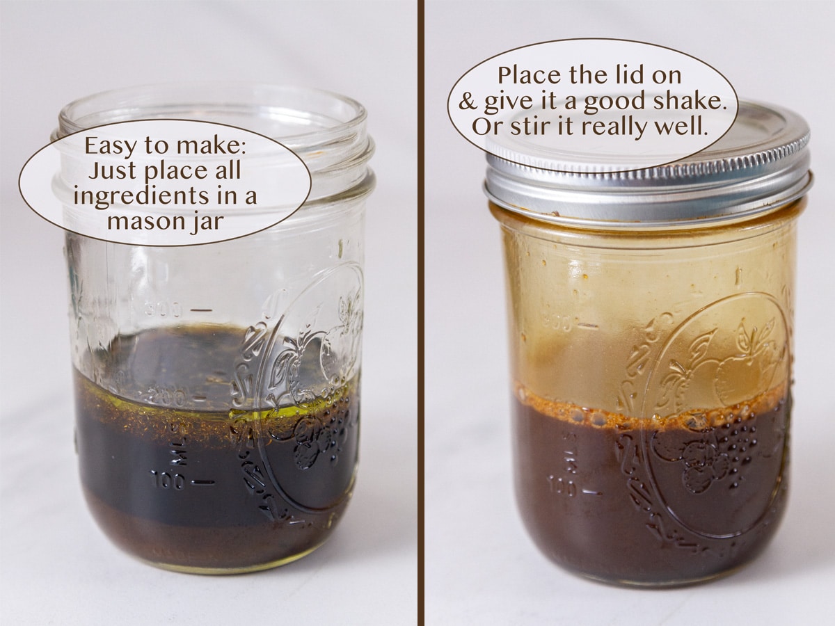 a mason jar with dressing ingredients in it, and all shaken up on left.