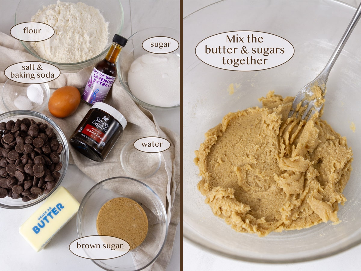 ingredients for cookies on left and creaming the butter and sugars on right.