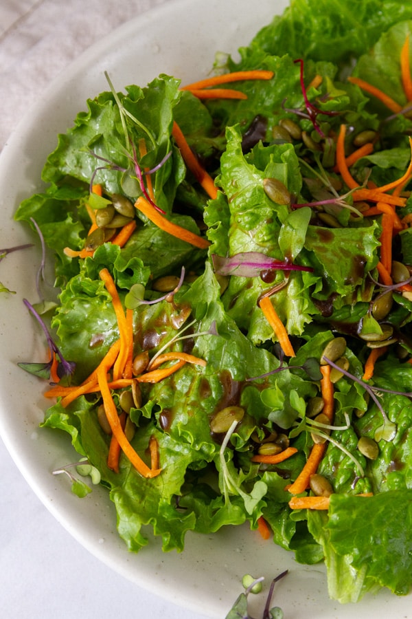 looking down into a bowl of salad.