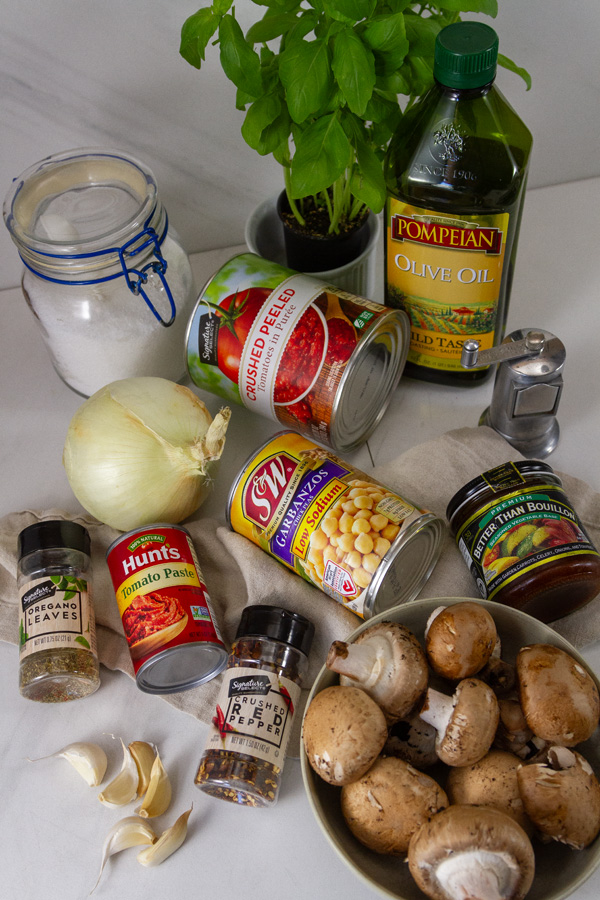ingredients for meatless meat sauce recipe.