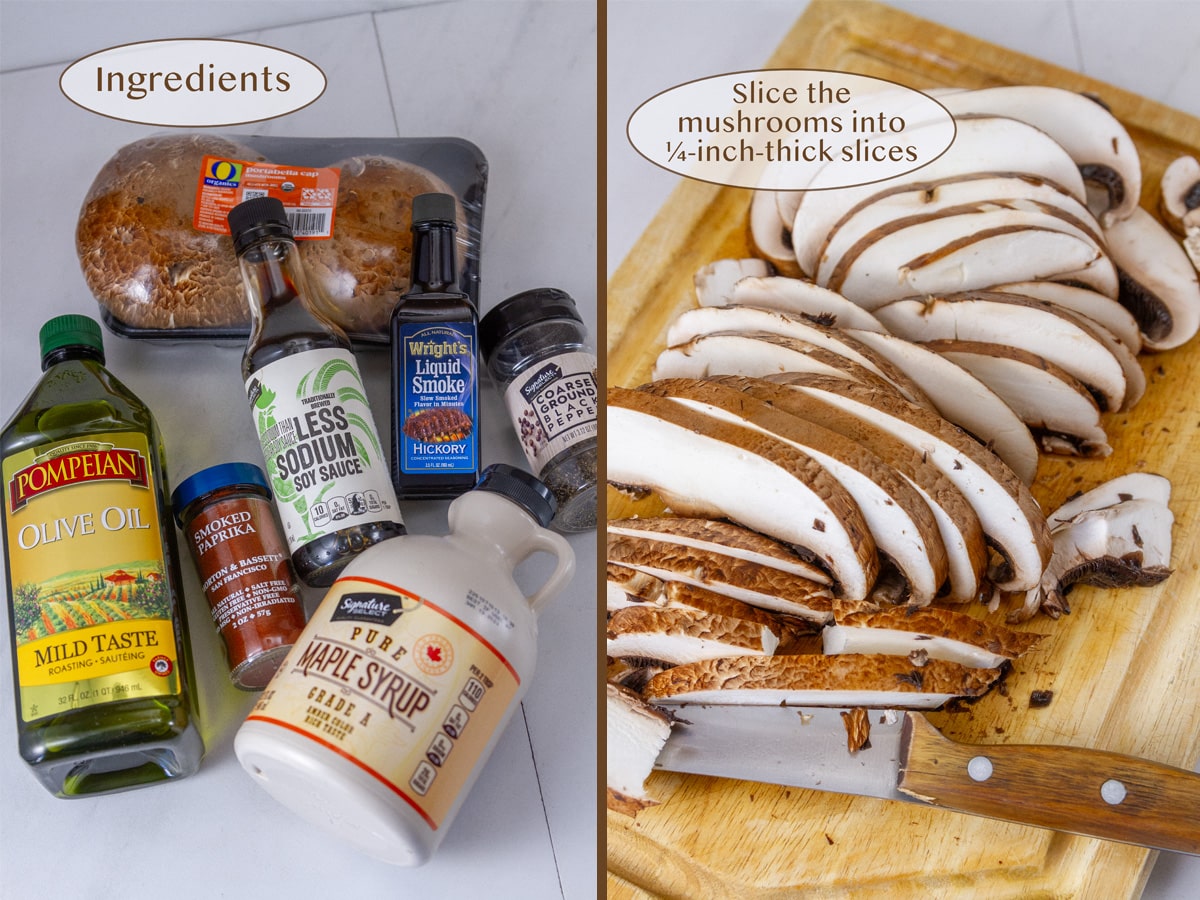 ingredients on left and sliced mushrooms on a wooden cutting board on right.