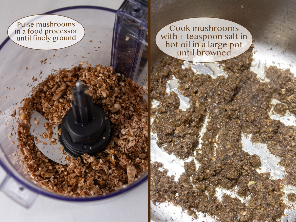 mushrooms chopped in a food processor on left and cooking in a pot on right.