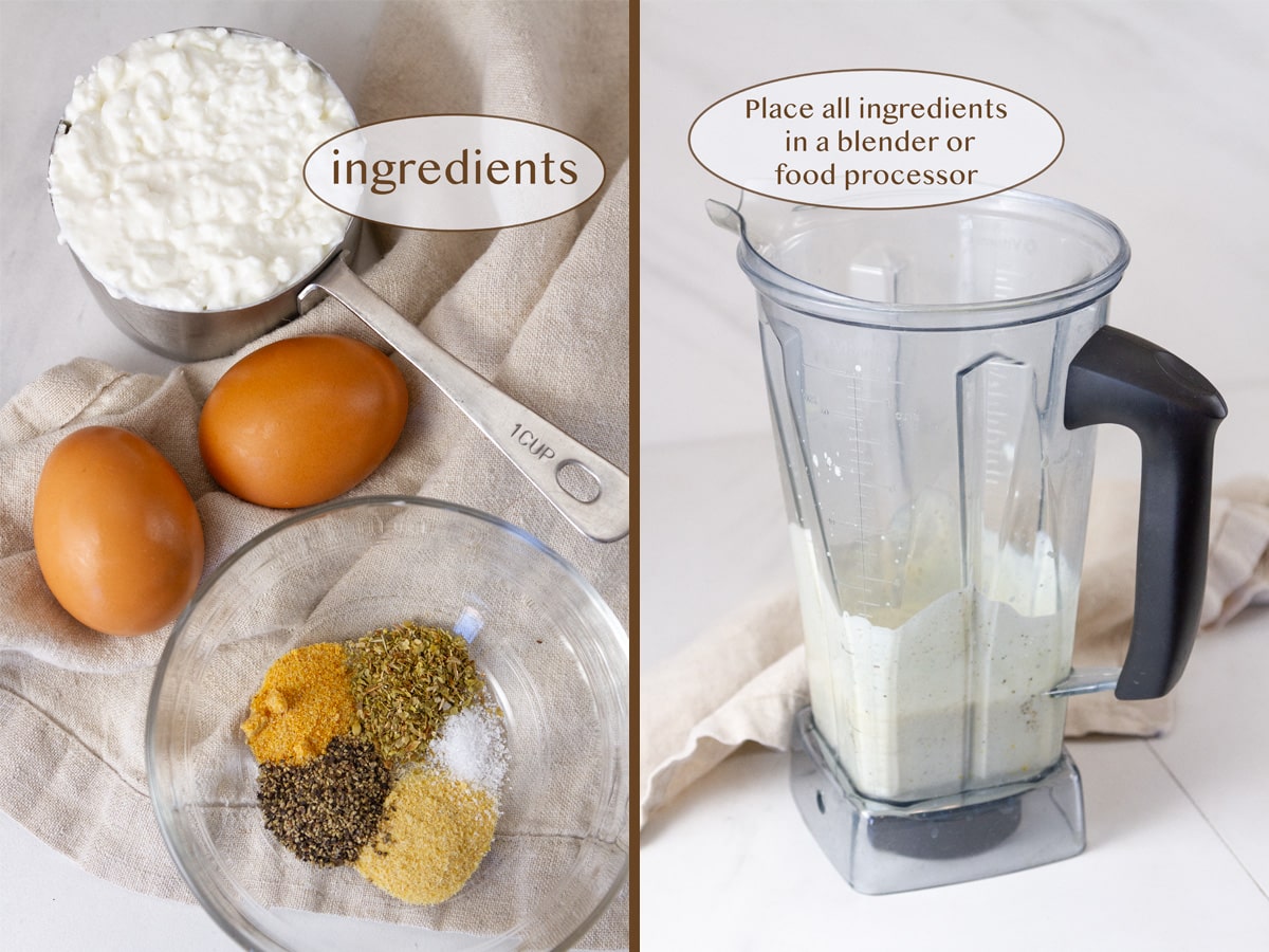 cottage cheese, eggs, and spices on left, and all blended in a blender on right.