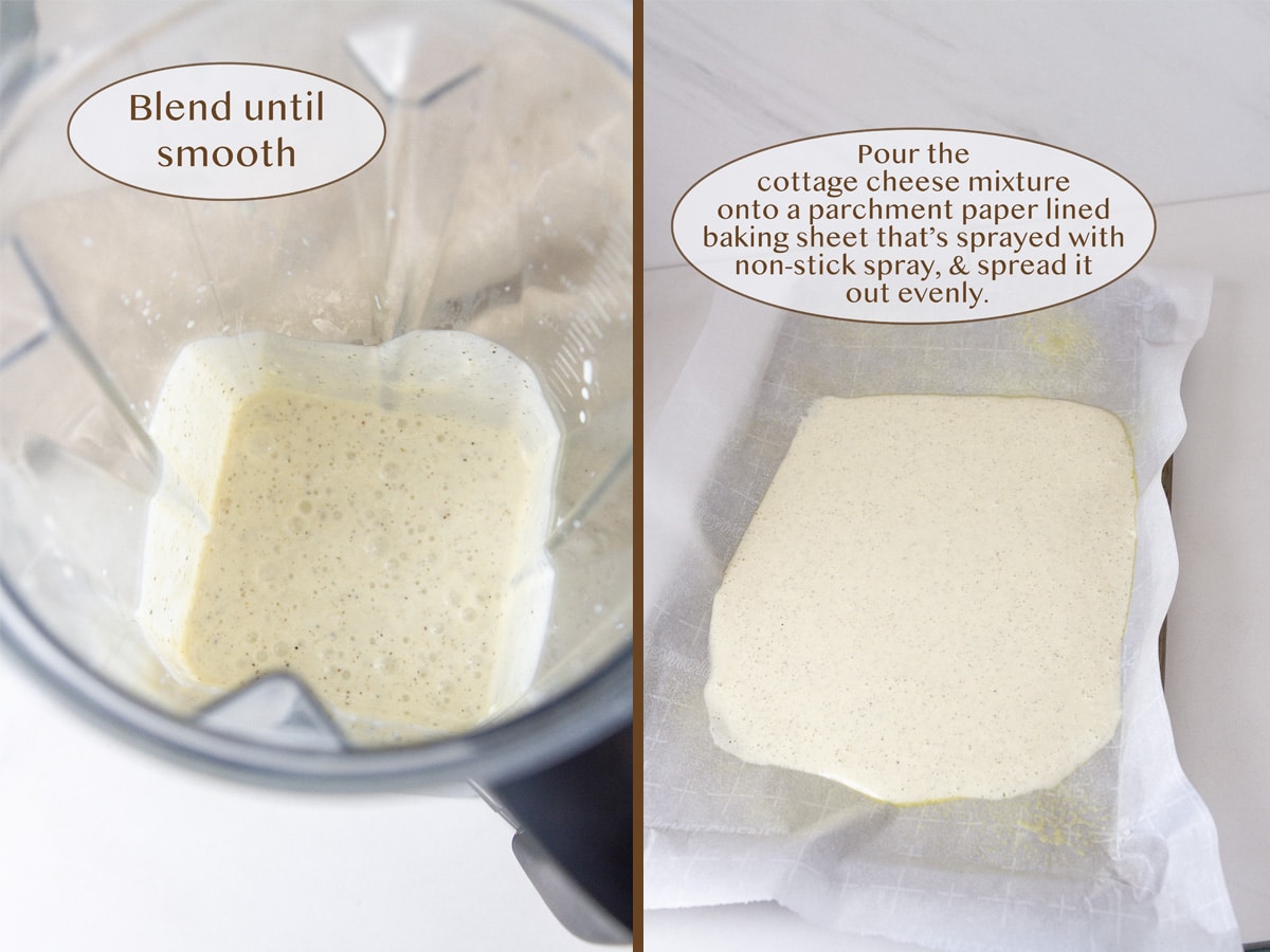 looking down in the blender on left and mixture poured onto a parchment paper lined baking sheet on right.