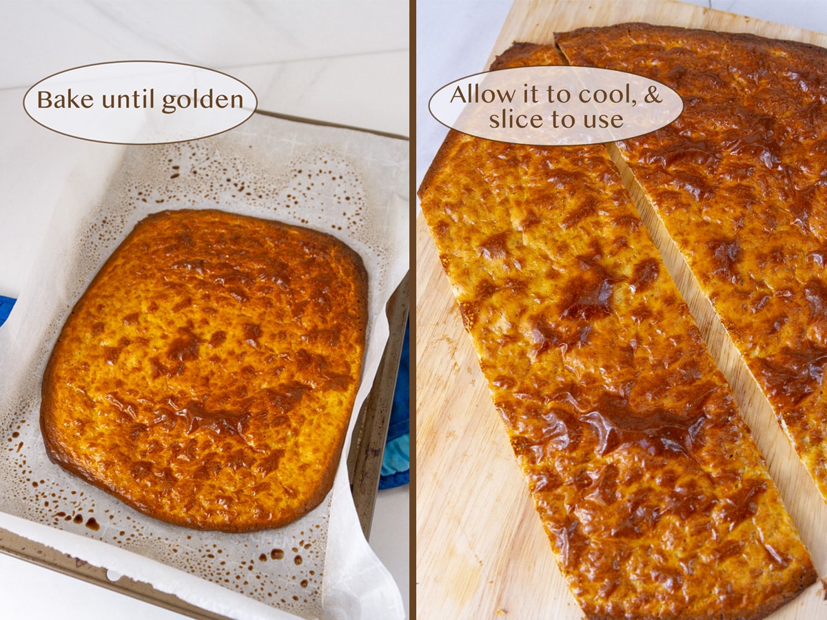 cottage cheese flatbread on left still in pan and sliced on wooden cutting board on right.