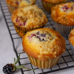 square crop of muffins cooling on a wire rack with a blackberry next to the rack.