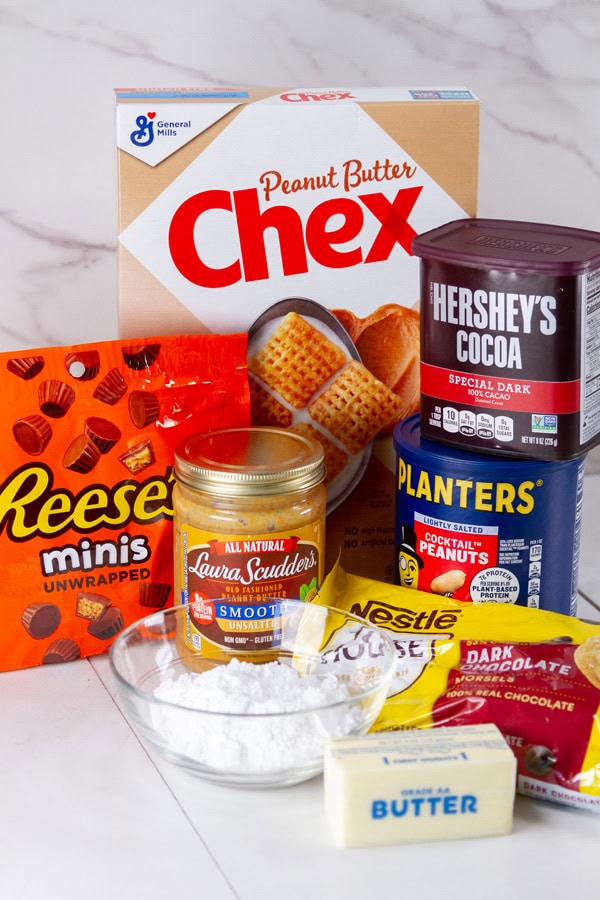 the ingredients for peanut butter chex mix.