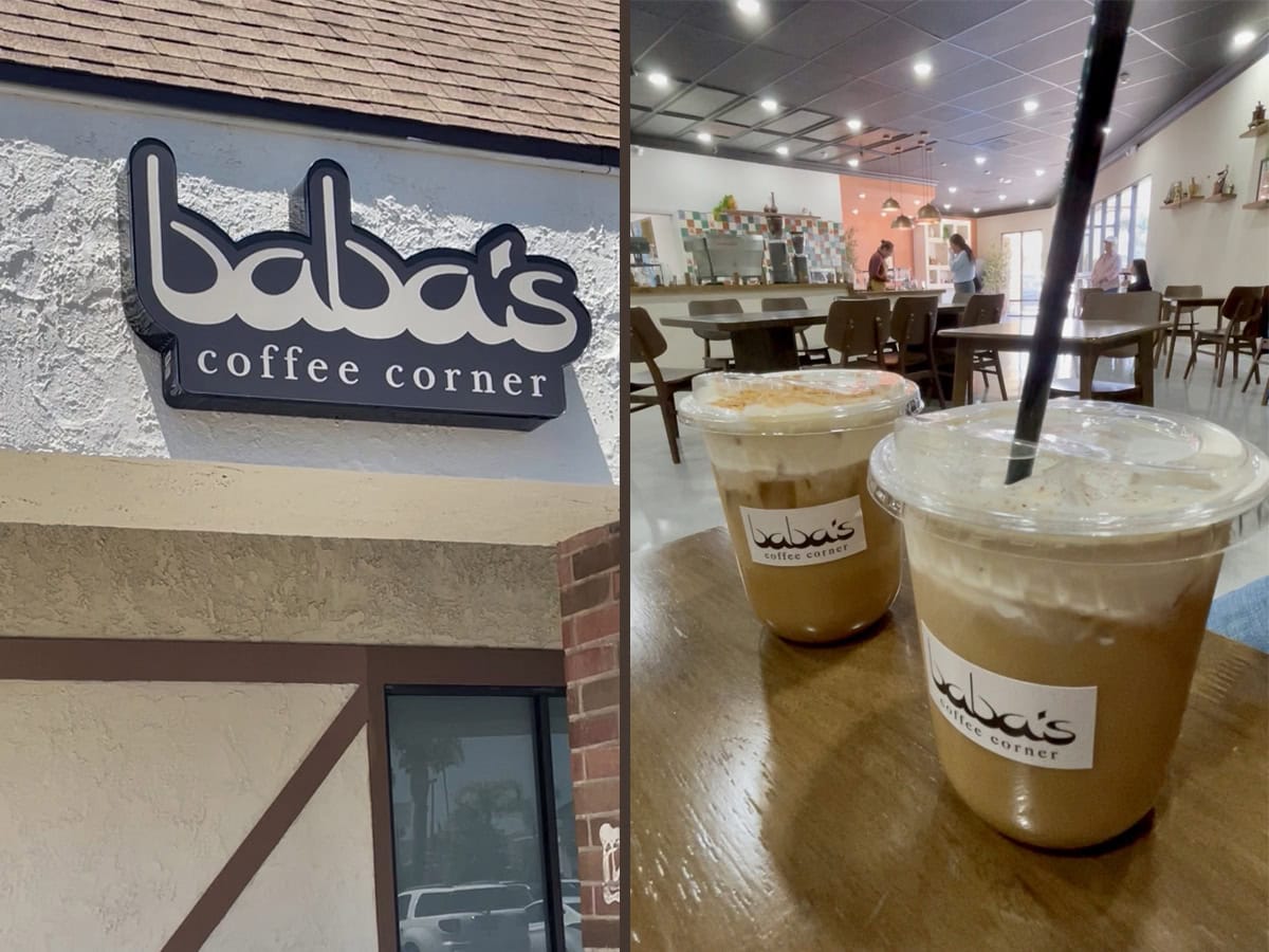 The outside of Baba's Coffee Corner in Orange on left and two cups of iced coffee on right.