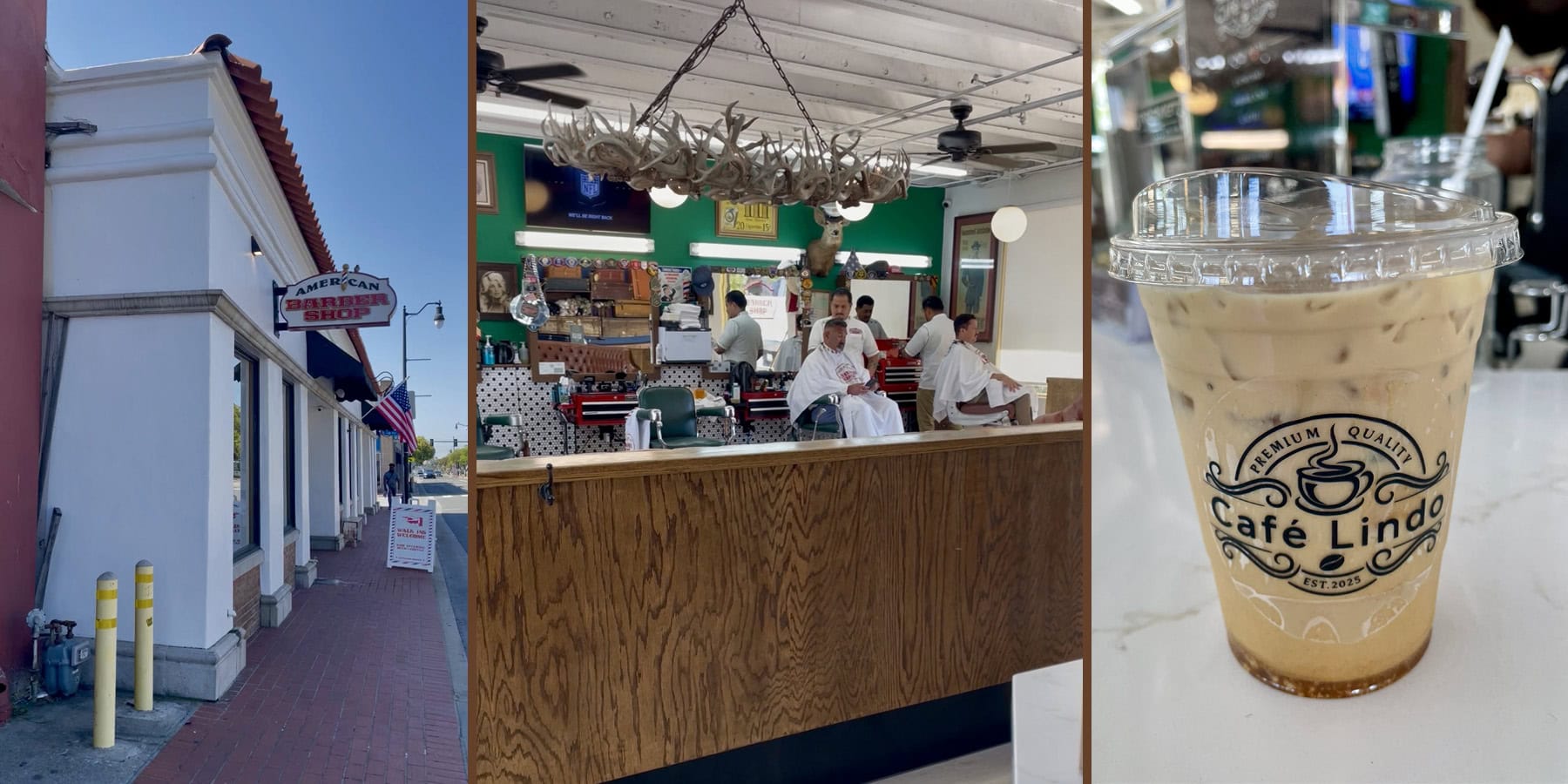 cafe lindo outside, inside, and a coffee drink from there.