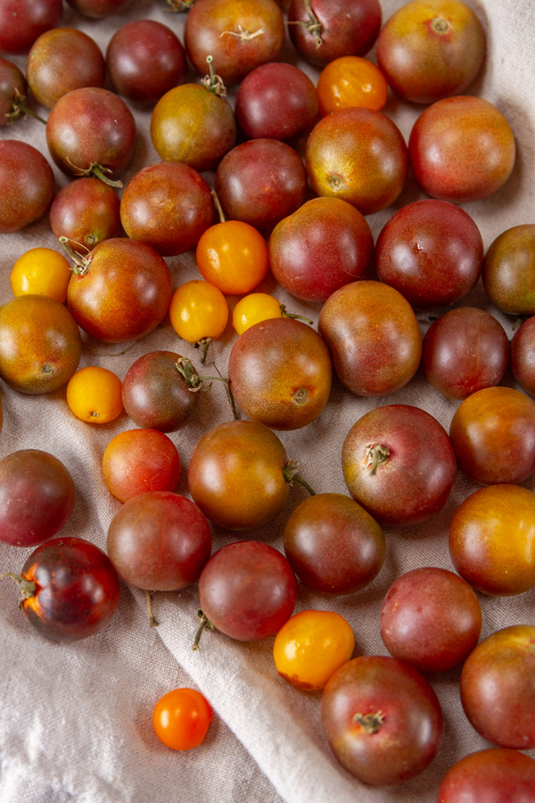 cherry tomatoes on a cloth napkin.