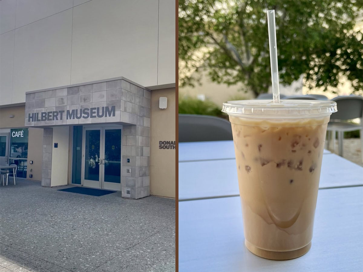 hilbert museum on left and an iced coffee from their cafe on right.