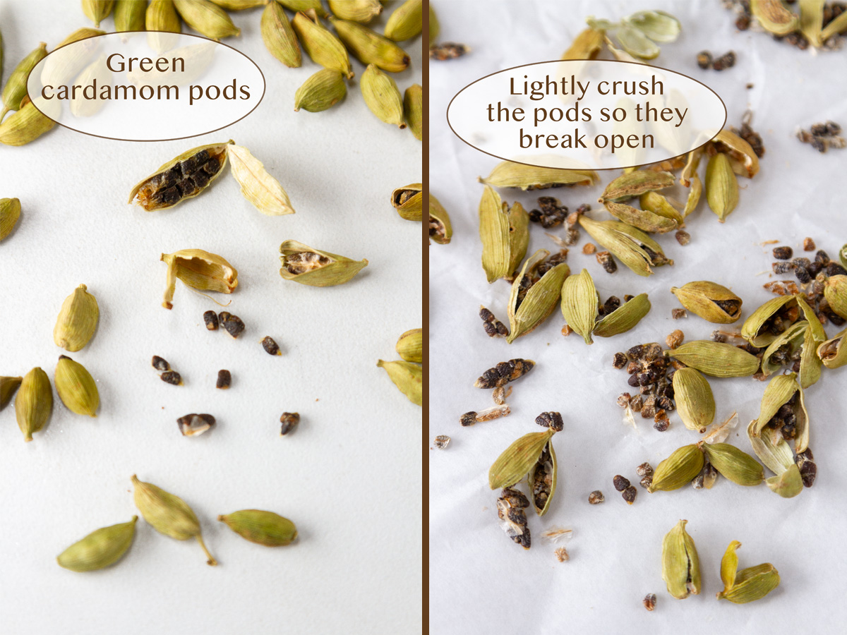 cardamom pods and seeds on a white background on the left and the pods crushed open on the right.