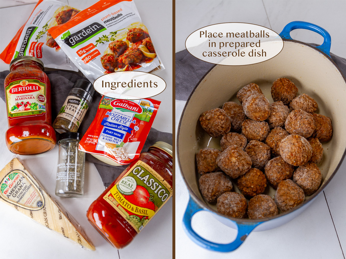 ingredients for the casserole on left and meatballs in a casserole dish on right.