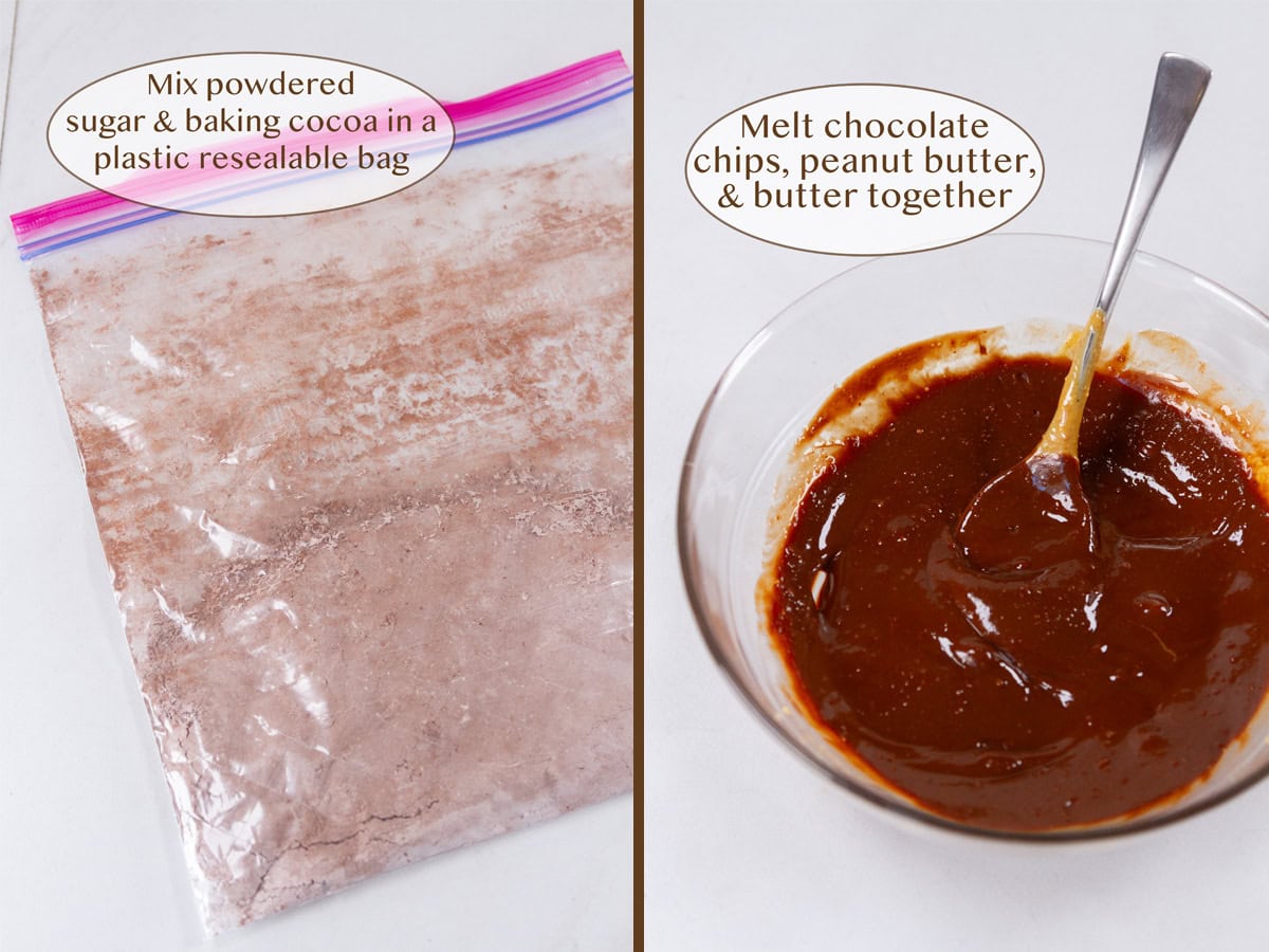 powdered sugar and cocoa in a plastic bag on left and melted chocolate and peanut butter in a bowl on right.