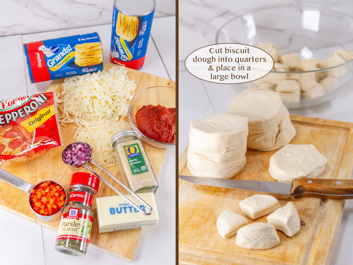 ingredients on left and cut biscuit dough on a cutting board with a bowl in the background on right.