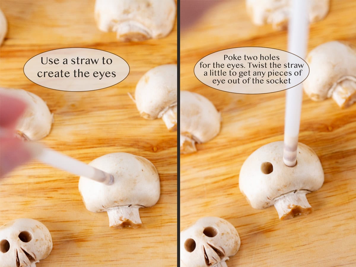 poking holes for eyes in mushrooms with plastic straws.