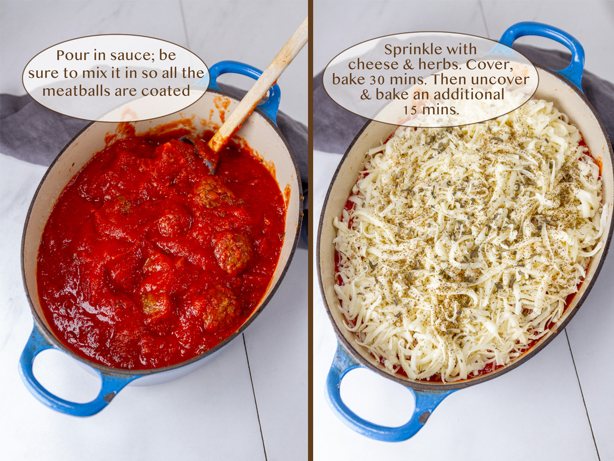 red sauce over the meatballs on left and covered with cheese on right.