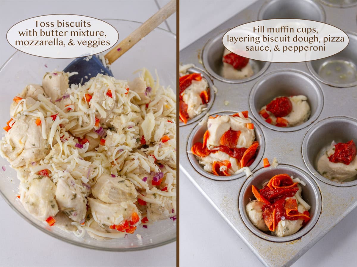 biscuit dough coated in garlic butter, cheese, and veggies on left and being put in muffin cups on right.
