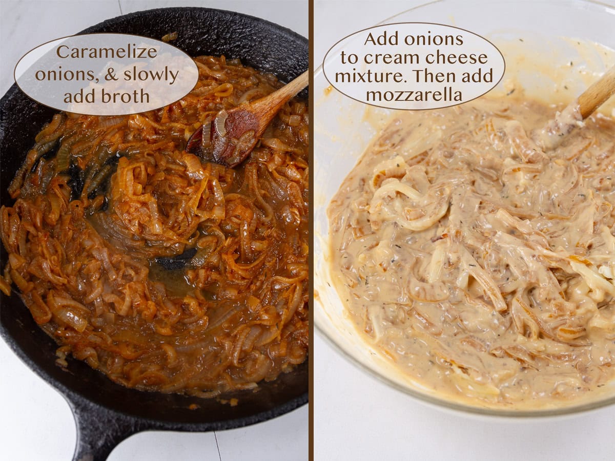 caramelized onions in a skillet on left and added to cream cheese and sour cream mixture on right.