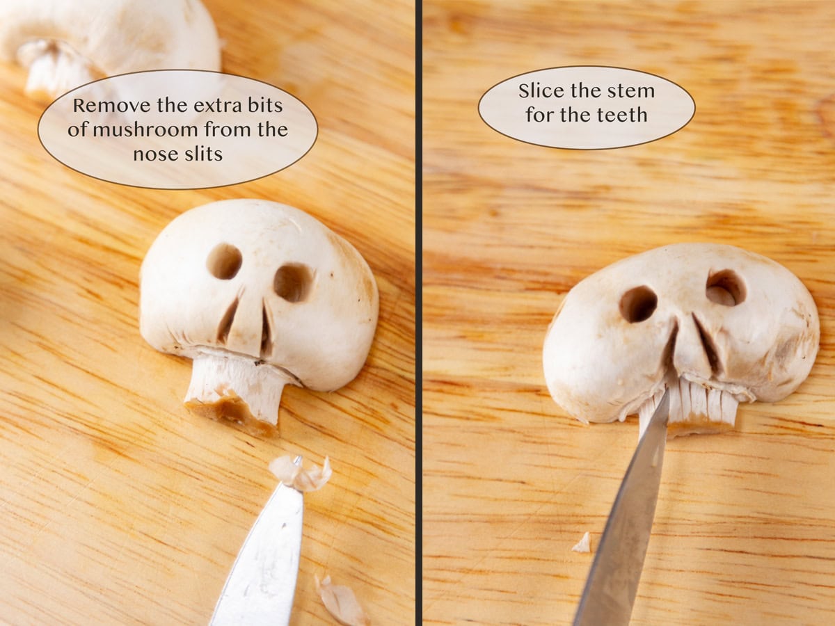 using a knife to carve faces in mushrooms.