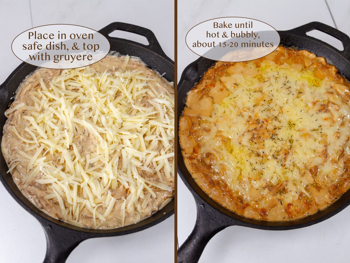 dip added to a skillet and topped with shredded Gruyere on left and after baking on right.