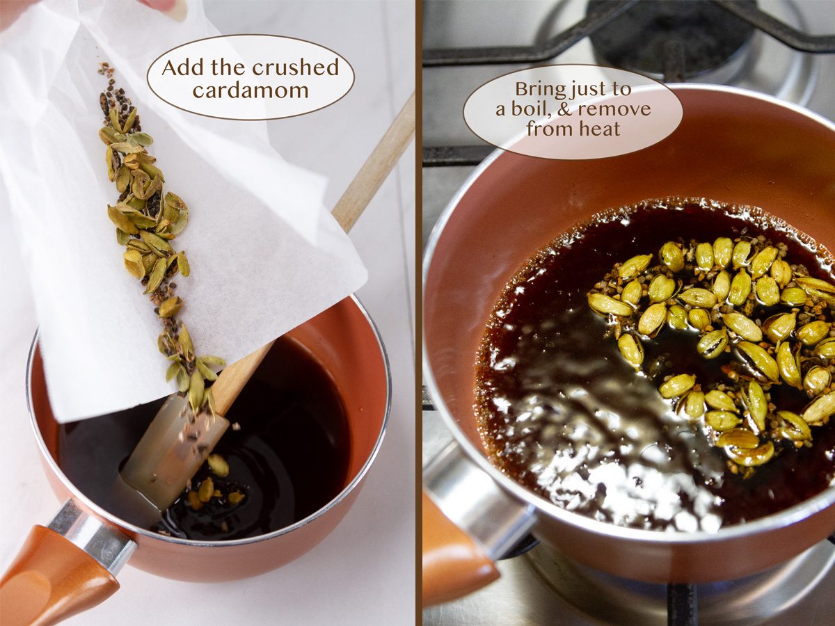 adding cardamom to the saucepan on left and boiling on right.