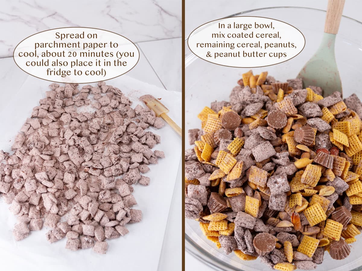 coated cereal on parchment paper on left and mixed to a snack mix on right.