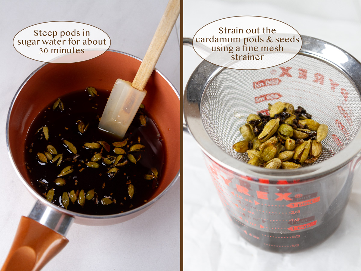 steeping the pods in syrup on left and straining them out on right.