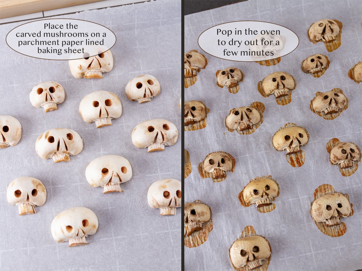 raw carved mushrooms on left and after baking on right.