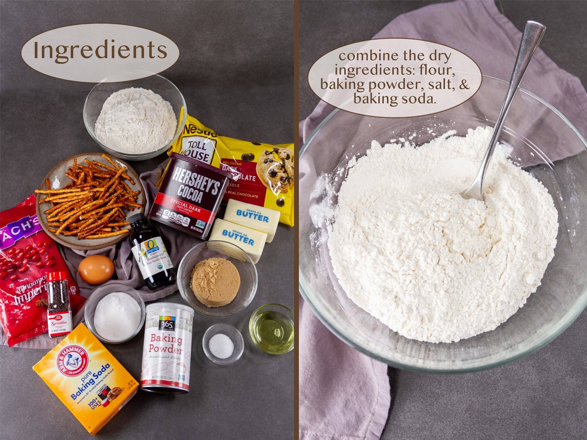 ingredients on left and dry ingredients for cookies on right.