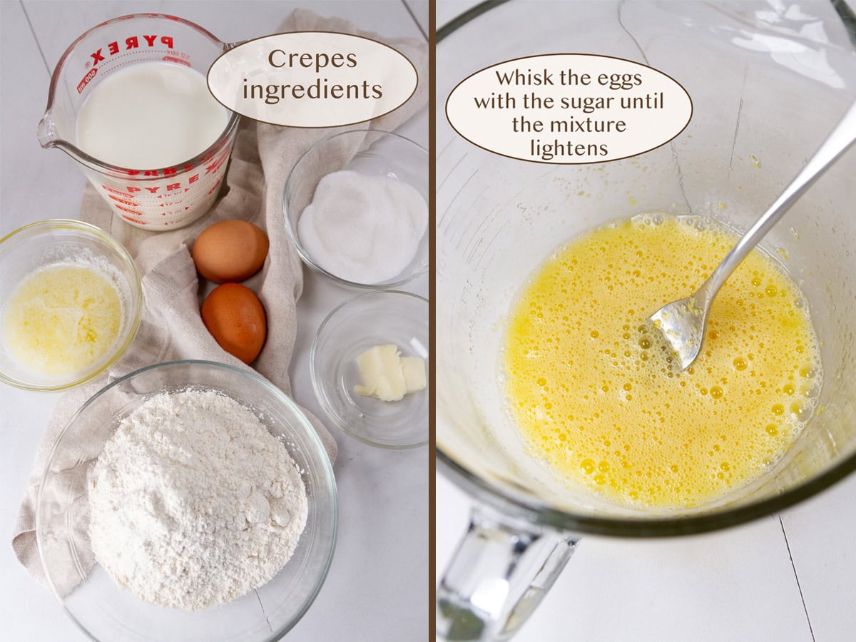 crepes ingredients on left and eggs beaten with sugar on right.