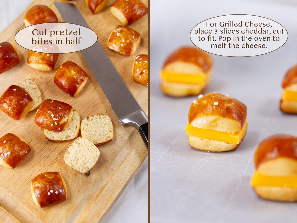 cutting pretzel bites in half on left and grilled cheese bites on right.