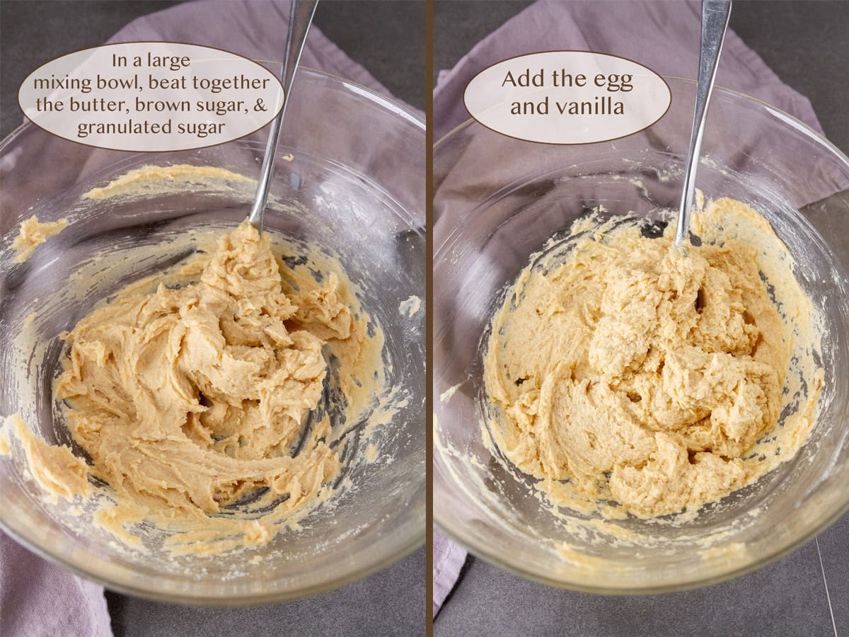 butter and sugars mixed together on left and added egg and vanilla on right.
