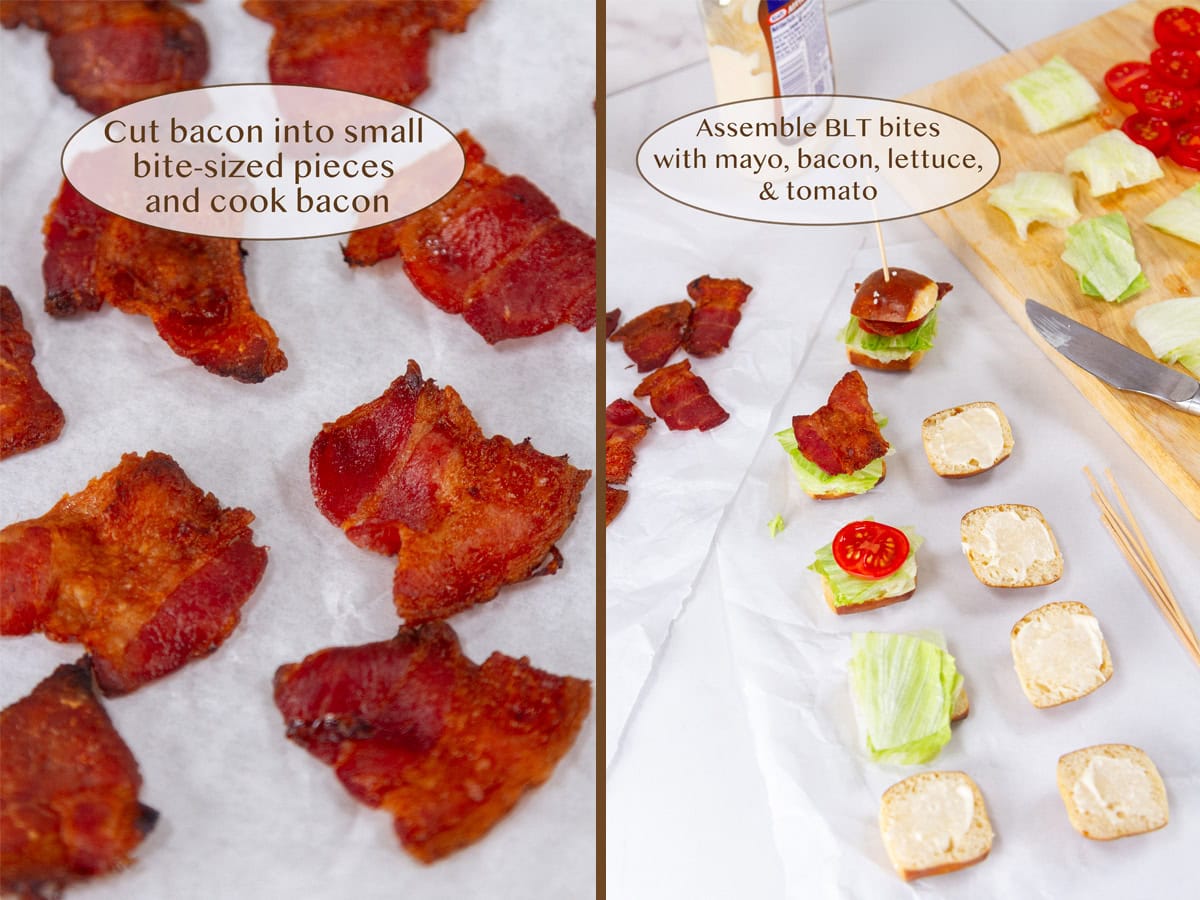 cooked bacon pieces on left and assembling BLT sandwiches on the right.